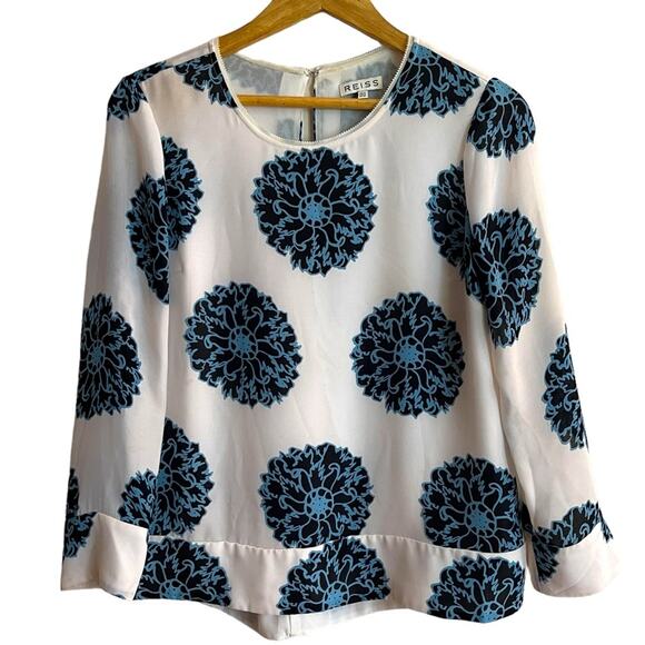Reiss Cayan Printed Top Blouse White Blue Size 6 - Picture 7 of 10